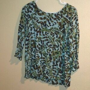 J.Jill Leaf Design Top with Button Detailing Down Back 3/4 Sleeve Earthy M